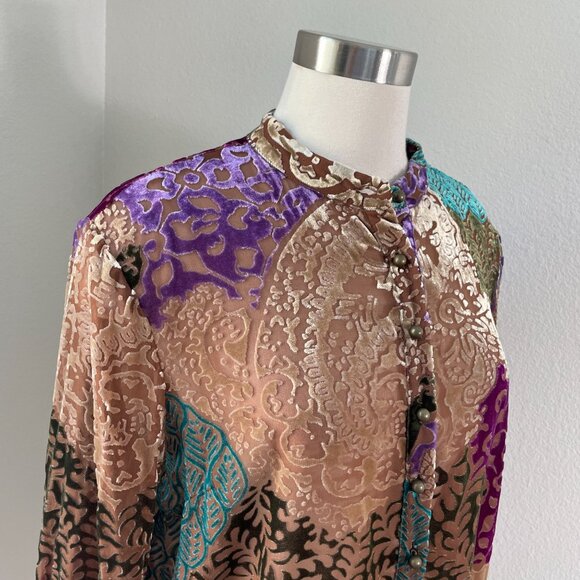 Spiegel Womens 10 Velvet Burnout Tunic Top Patchwork Long Sleeve Shirt Blouse - Picture 2 of 12